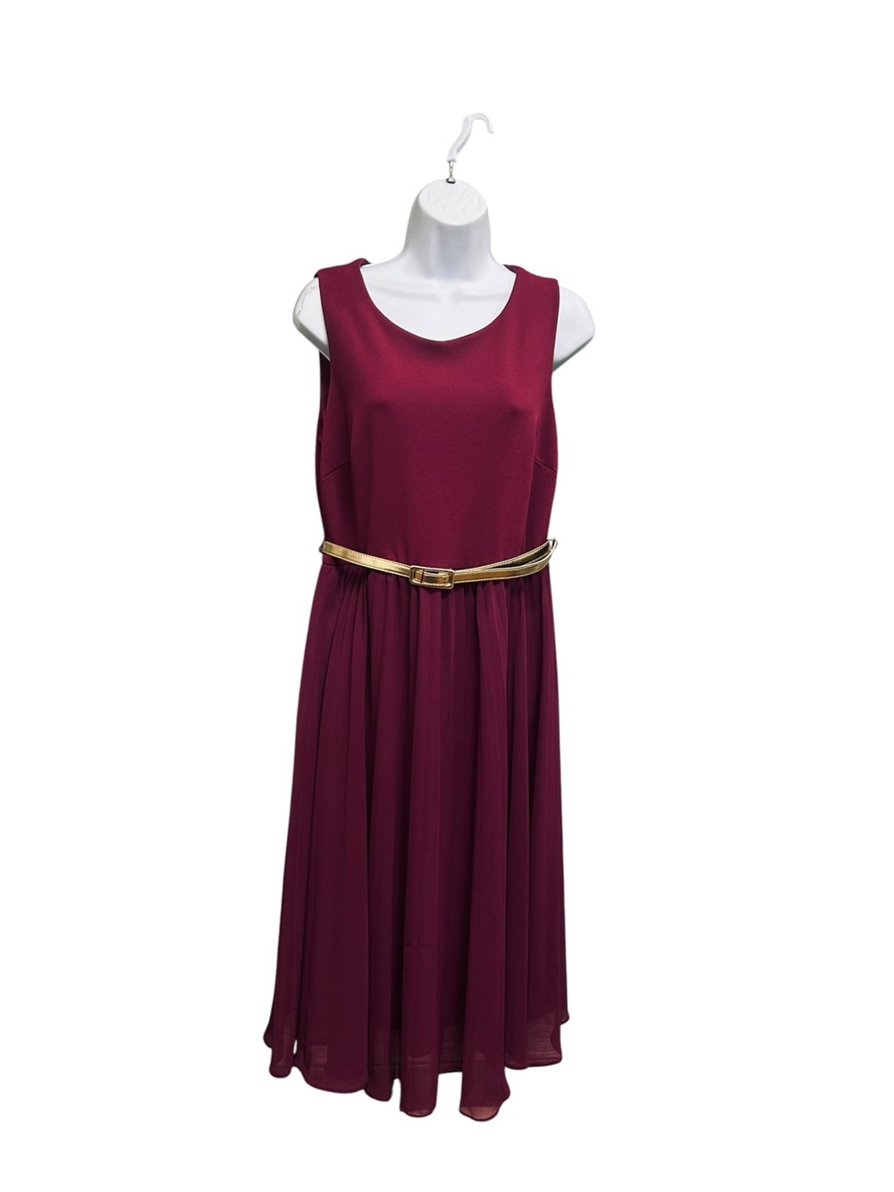 Shelby & Palmer Maroon Fit & Flare Midi Dress Gold Belt Size 12